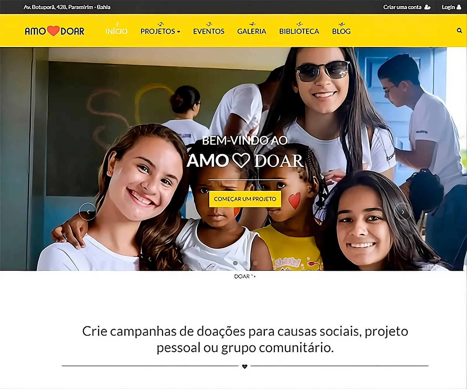 Página inicial da plataforma Amo Doar, site de crowdfunding e arrecadação para campanhas sociais em Paramirim BA.