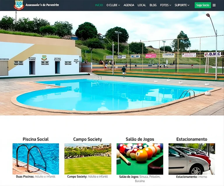 Página inicial do site Clube Senior's, associação cultural e desportiva com piscinas, campo de futebol, academia e área de lazer em Paramirim BA.