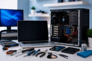 Conserto de computador em Paramirim BA com técnico realizando manutenção interna em desktop e notebook