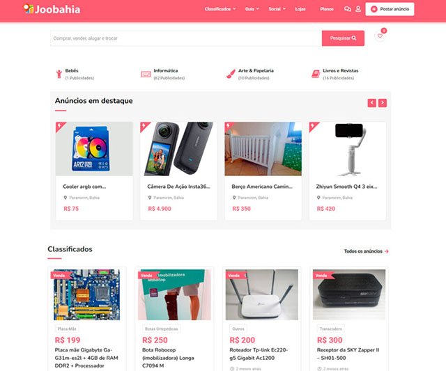 Site de classificados Joobahia com anúncios de produtos, imóveis e veículos em Paramirim BA