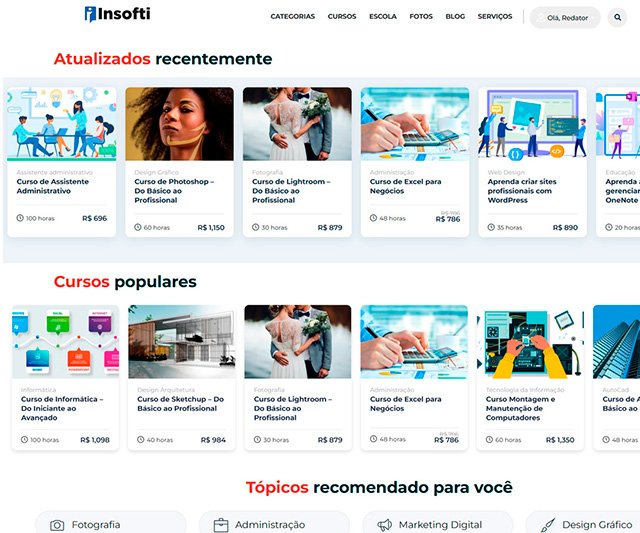 Site de cursos Insofti com treinamentos em informática, TI e marketing digital
