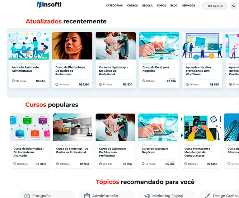 Página inicial do site Cursos Insofti, plataforma de cursos profissionalizantes nas áreas de informática, tecnologia, programação, fotografia e marketing digital.