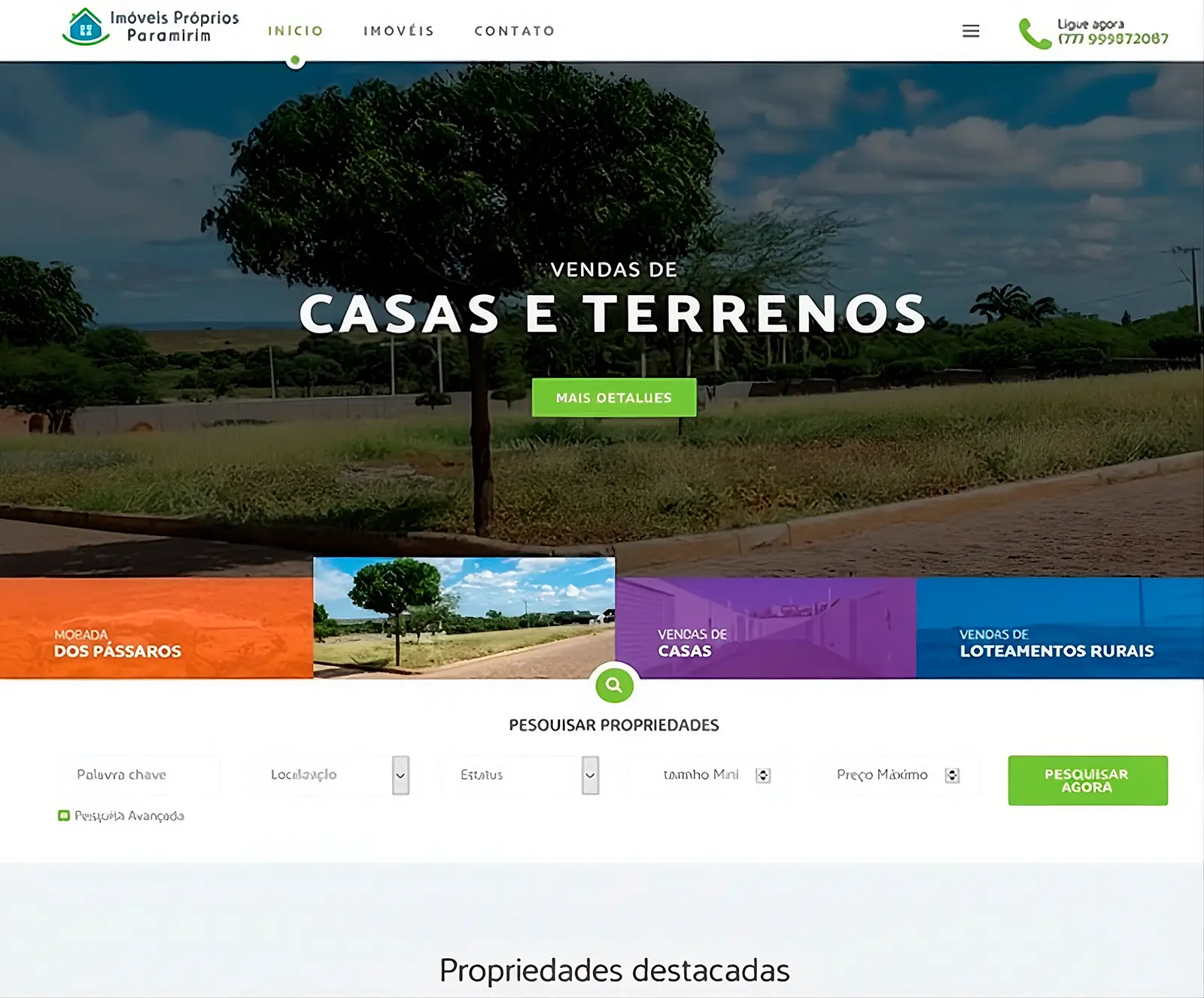 Página inicial do site Imóveis Próprios Paramirim, plataforma para divulgação de imóveis, lotes e propriedades à venda em Paramirim BA.