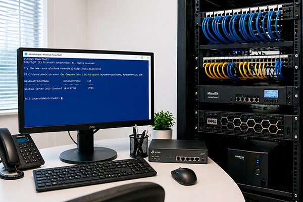 Instalação e configuração de servidor Windows em Paramirim BA com rack de rede, roteador e monitor com PowerShell