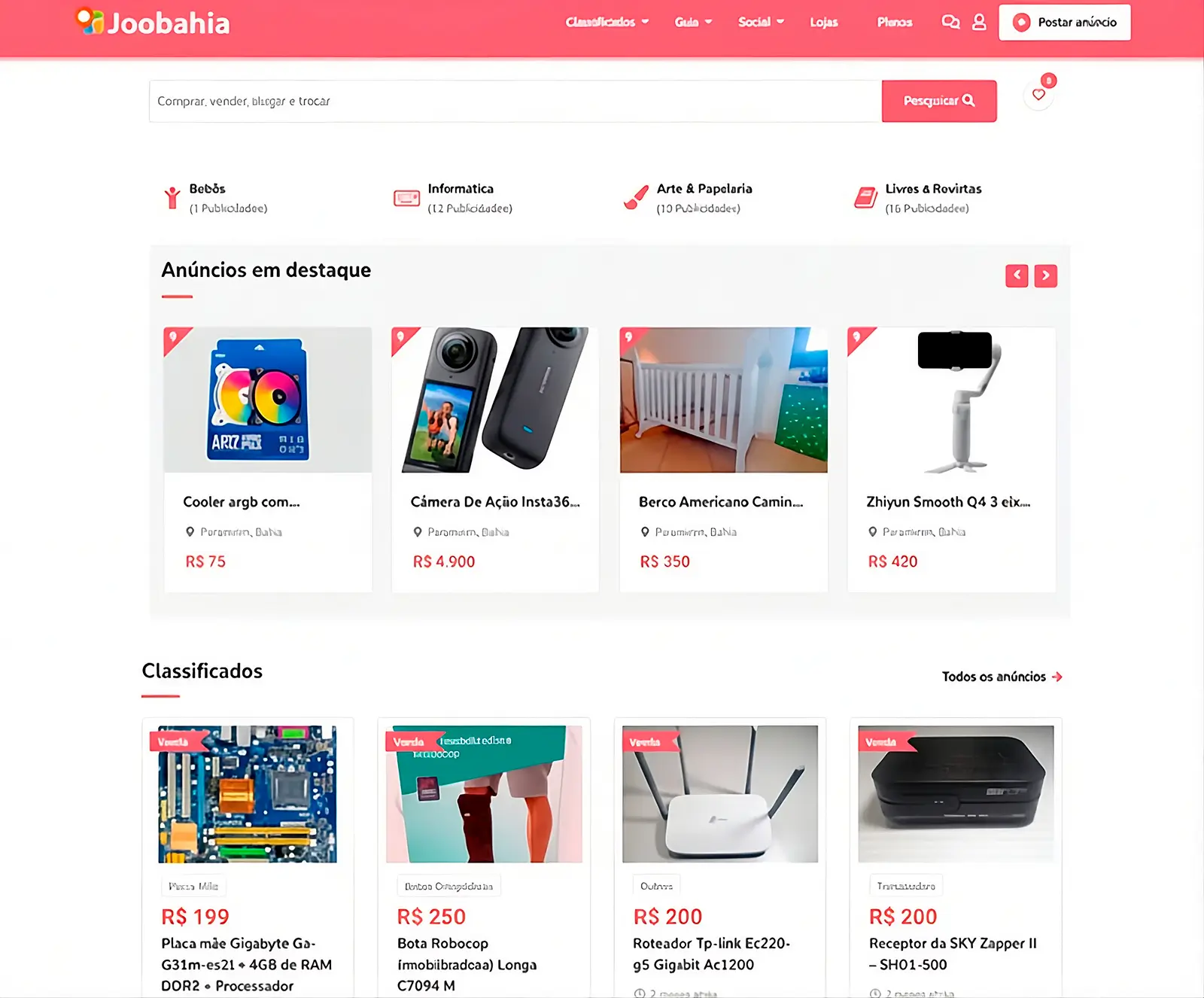 Página inicial do site Joobahia, plataforma de classificados online para anúncios de produtos, imóveis e veículos em Paramirim BA.