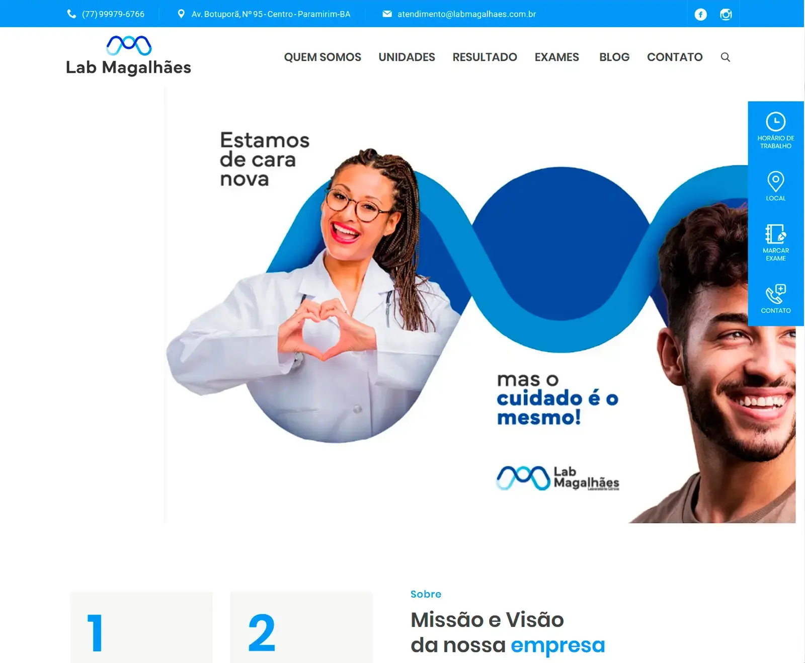 Página inicial do site do Laboratório Magalhães com agendamento online de exames e acesso aos resultados em Paramirim BA.