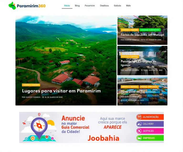 Página inicial do site Paramirim360, portal de turismo de Paramirim BA com informações sobre pontos turísticos, fotografias e atrações da cidade.