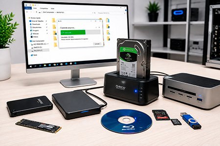 Serviço profissional de Backup e Clonagem de HD e SSD em Paramirim com dock station, SSD NVMe, Blu-ray, cartão de memória e monitor simulando transferência de arquivos