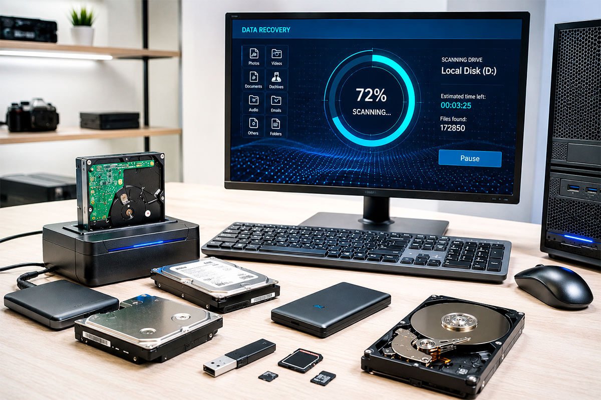 Serviço de recuperação de dados HD e cartão de memória realizado em computador com análise de arquivos apagados e dispositivos de armazenamento.