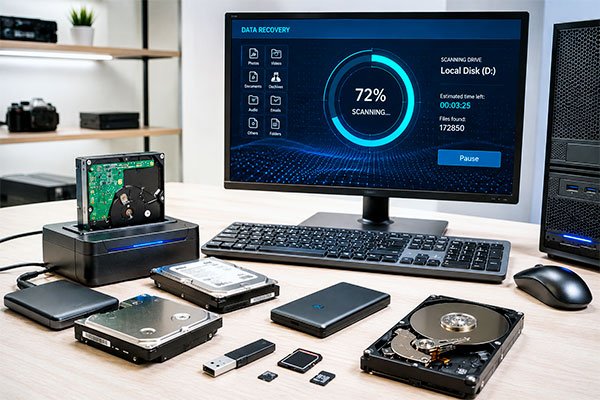 Serviço de recuperação de dados HD e cartão de memória realizado em computador com análise de arquivos apagados e dispositivos de armazenamento.