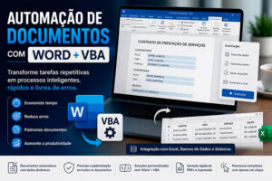 Notebook exibindo um documento automatizado no Microsoft Word com VBA, representando o serviço de automação de documentos para empresas, escritórios e profissionais.