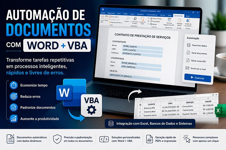 Notebook exibindo um documento automatizado no Microsoft Word com VBA, representando o serviço de automação de documentos para empresas, escritórios e profissionais.