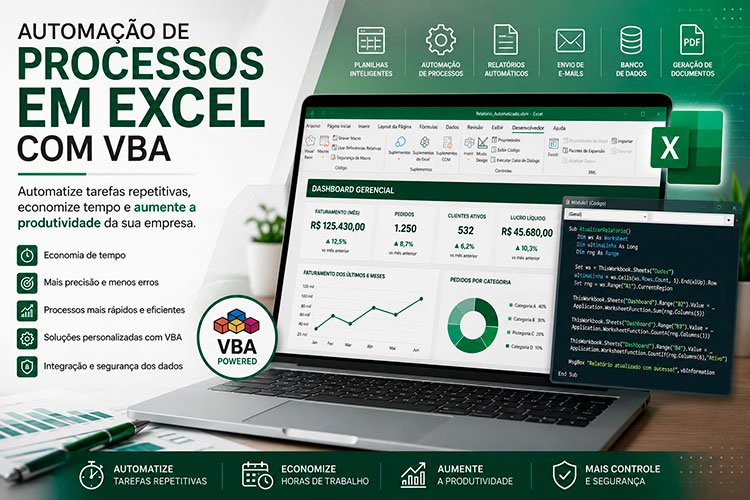 Notebook exibindo uma planilha automatizada no Microsoft Excel com dashboard, código VBA e processos inteligentes, representando o serviço de automação de processos em Excel com VBA para empresas.