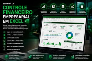 Notebook exibindo um sistema de controle de vendas no Microsoft Excel com dashboard comercial, clientes, pedidos, faturamento, metas, comissões, gráficos e indicadores de desempenho em tempo real.