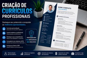 Currículo profissional moderno exibido sobre uma mesa de trabalho, representando o serviço de criação de currículos profissionais para aumentar as oportunidades no mercado de trabalho.