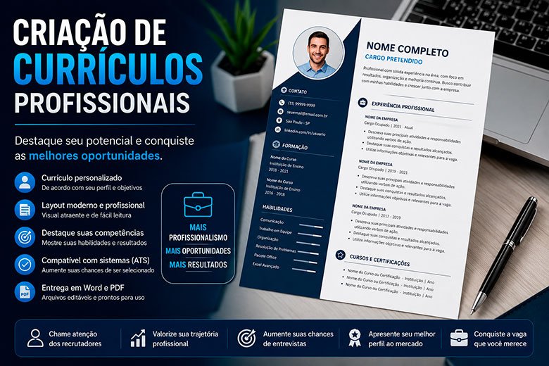 Currículo profissional moderno exibido sobre uma mesa de trabalho, representando o serviço de criação de currículos profissionais para aumentar as oportunidades no mercado de trabalho.