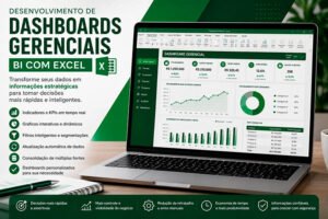 Notebook exibindo um dashboard gerencial no Microsoft Excel com gráficos, indicadores de desempenho (KPIs) e painéis interativos, representando o serviço de desenvolvimento de dashboards gerenciais em Excel para Business Intelligence.