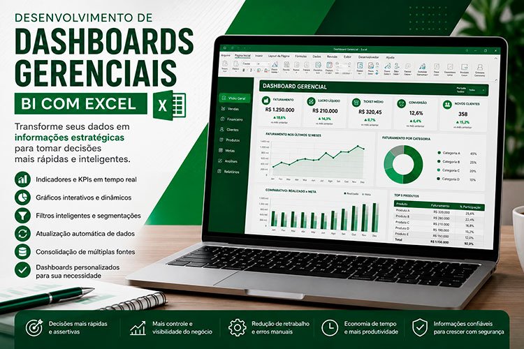 Notebook exibindo um dashboard gerencial no Microsoft Excel com gráficos, indicadores de desempenho (KPIs) e painéis interativos, representando o serviço de desenvolvimento de dashboards gerenciais em Excel para Business Intelligence.