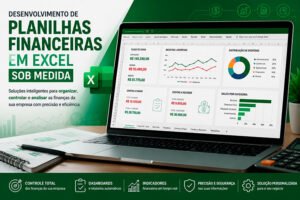 Notebook exibindo uma planilha financeira profissional no Microsoft Excel com dashboard, fluxo de caixa, gráficos, indicadores financeiros e relatórios gerenciais, representando o serviço de desenvolvimento de planilhas financeiras em Excel.