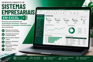 Notebook exibindo um sistema empresarial desenvolvido no Microsoft Excel com dashboard, formulários e módulos de gestão, representando o serviço de desenvolvimento de sistemas empresariais em Excel.