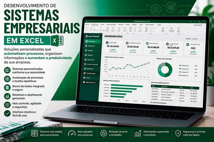 Notebook exibindo um sistema empresarial desenvolvido no Microsoft Excel com dashboard, formulários e módulos de gestão, representando o serviço de desenvolvimento de sistemas empresariais em Excel.