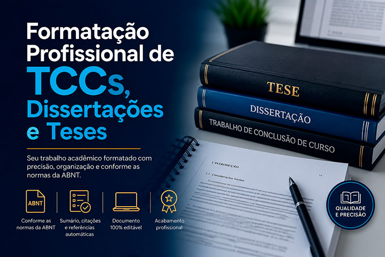 Mesa de trabalho com documentos acadêmicos, notebook e materiais de estudo representando o serviço de formatação profissional de TCCs, dissertações e teses conforme as normas da ABNT.