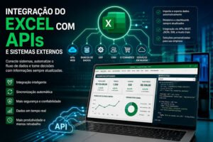 Notebook exibindo uma planilha do Microsoft Excel integrada a APIs e sistemas empresariais, com dashboards, indicadores e fluxo automatizado de dados em tempo real.