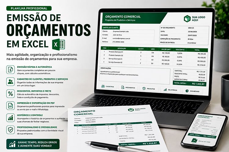 Notebook exibindo uma planilha profissional de orçamento em Microsoft Excel com cadastro de clientes, produtos, serviços, cálculo automático de valores, impostos, descontos e emissão de propostas comerciais.