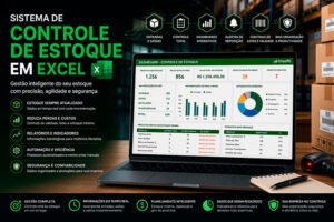 Notebook exibindo um sistema de controle de estoque em Microsoft Excel com dashboard gerencial, movimentação de produtos, entradas, saídas, estoque mínimo, gráficos e indicadores em tempo real.