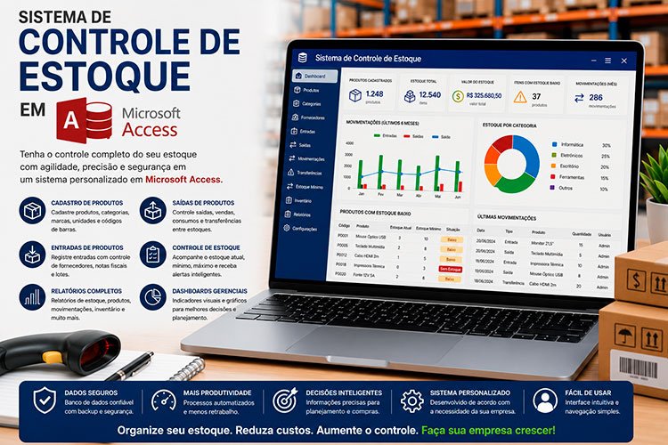 Sistema de Controle de Estoque em Microsoft Access com cadastro de produtos, entradas, saídas, inventário, dashboards e relatórios gerenciais.