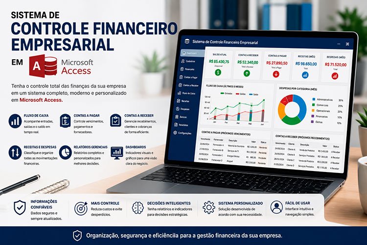 Sistema de Controle Financeiro Empresarial em Microsoft Access com fluxo de caixa, contas a pagar, contas a receber, dashboards e relatórios financeiros.