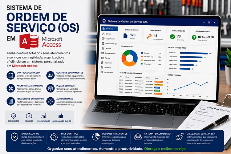 Sistema de Ordem de Serviço (OS) em Microsoft Access com cadastro de clientes, equipamentos, ordens de serviço, técnicos, relatórios e dashboards.