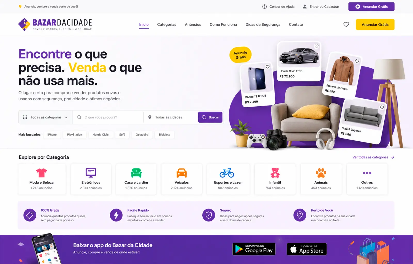 Página inicial do site Bazar da Cidade, plataforma de classificados online para compra e venda de produtos novos e usados.