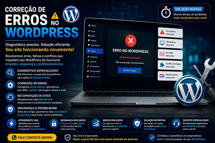 Correção de Erros no WordPress para recuperar sites com falhas, conflitos e problemas de funcionamento.