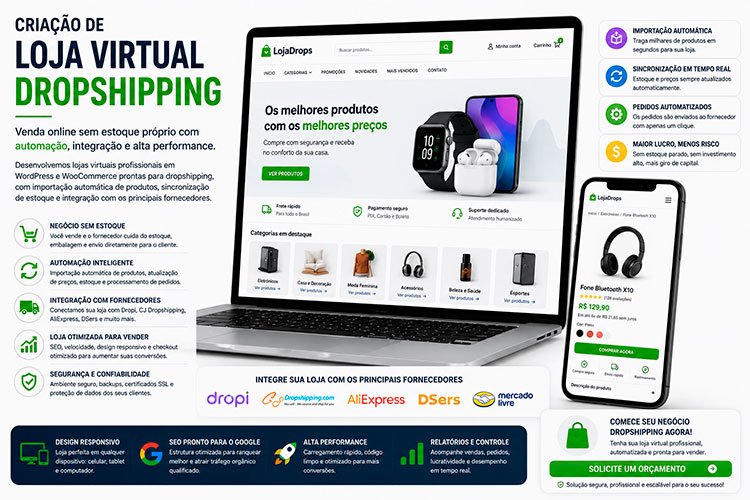 Criação de Loja Virtual Dropshipping com WooCommerce, automação de pedidos, integração com fornecedores e sincronização de produtos.
