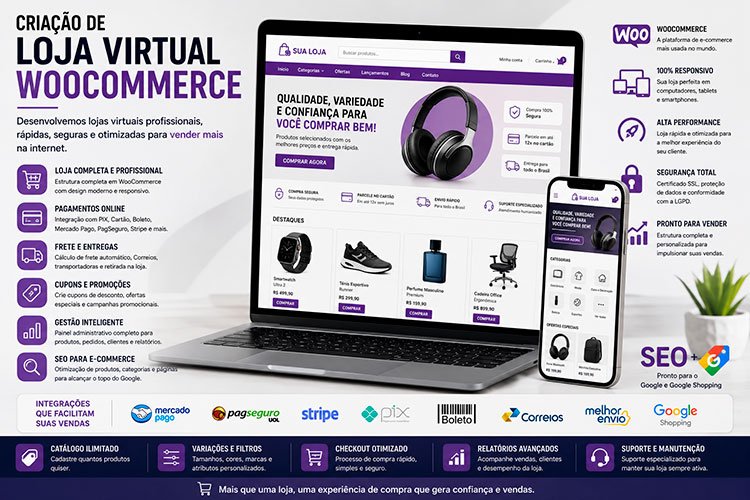 Criação de Loja Virtual WooCommerce com pagamentos online, catálogo de produtos e estrutura otimizada para vendas.