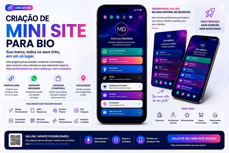 Criação de Mini Site para Bio com links personalizados, WhatsApp, portfólio, catálogo e design responsivo.