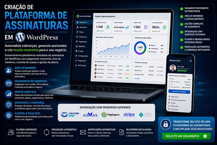 Criação de Plataforma de Assinaturas em WordPress com pagamento recorrente, área de membros e gestão de assinantes.