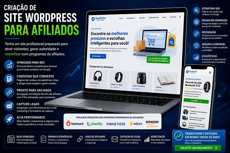 Criação de Site WordPress para Afiliados otimizado para SEO, monetização e divulgação de produtos afiliados.
