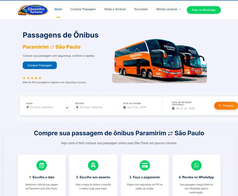 Página inicial do site Dãozinho Turismo, empresa de transporte rodoviário de passageiros com viagens, excursões e fretamentos.