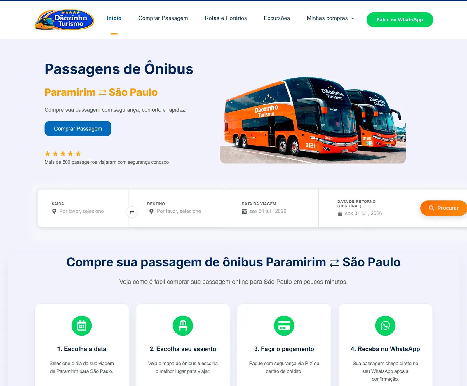Página inicial do site Dãozinho Turismo, empresa de transporte rodoviário de passageiros com viagens, excursões e fretamentos.