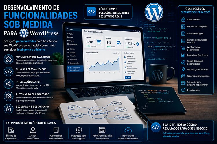 Desenvolvimento de Funcionalidades Sob Medida para WordPress com integrações, automações e recursos personalizados.