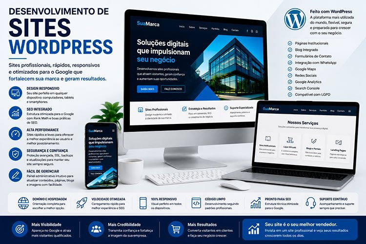 Desenvolvimento de Sites WordPress com design profissional, SEO, alta performance e responsividade.
