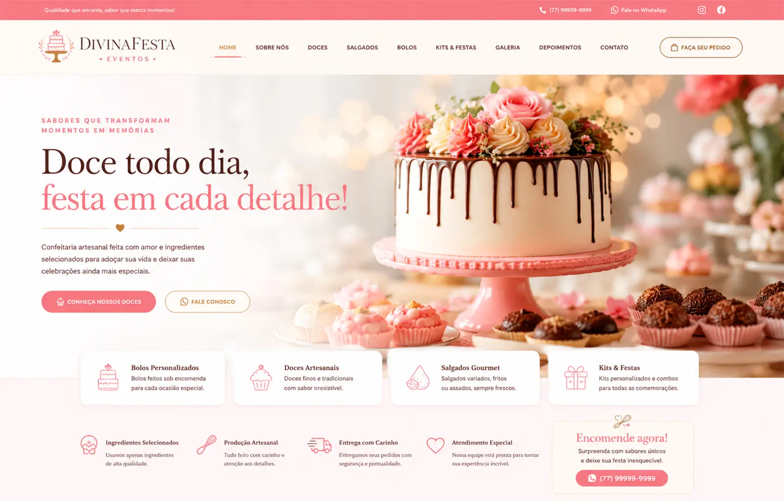 Página inicial do site Divina Festa Eventos, empresa especializada em bolos, doces, salgados, buffet e decoração de festas e eventos.