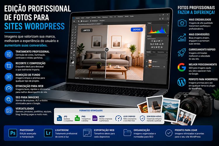 Edição Profissional de Fotos para Sites WordPress com tratamento de imagens, otimização SEO e conversão para WebP.