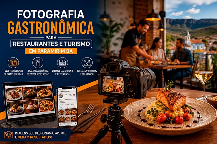 Fotógrafo realizando fotografia gastronômica profissional de pratos e bebidas para restaurante em Paramirim BA, destinada a cardápios, redes sociais, delivery e divulgação turística.