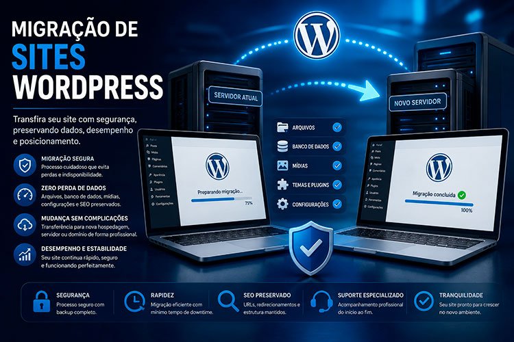 Migração de Sites WordPress realizada com segurança, preservando banco de dados, arquivos, SEO e funcionamento completo do site.