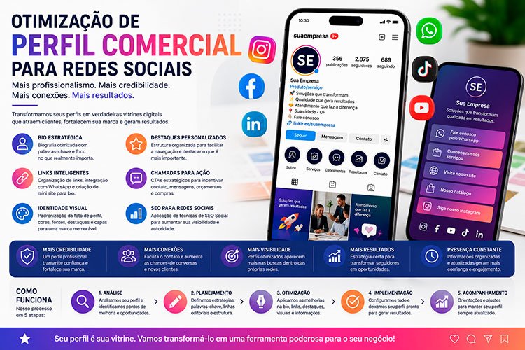 Otimização de Perfil Comercial para Redes Sociais com bio estratégica, identidade visual, links e integração com WhatsApp.