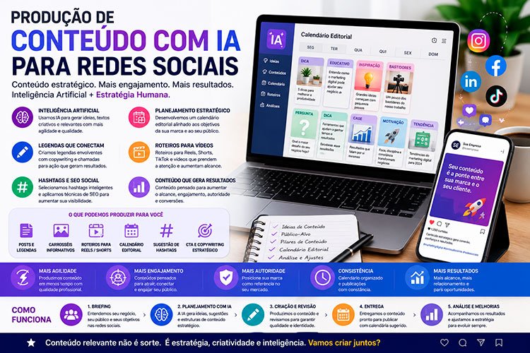 Produção de Conteúdo com IA para Redes Sociais com planejamento estratégico, legendas, roteiros e calendário editorial.