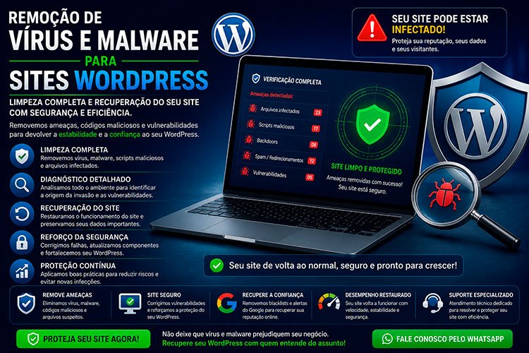 Remoção de Vírus e Malware para Sites WordPress com limpeza completa e recuperação de sites infectados.